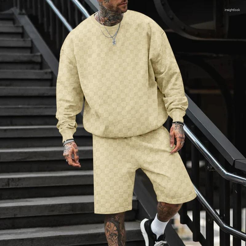Men&#039;s Tracksuits 2024 European And American Retro Comfortable Leisure Spring Summer Collar Chessboard Long -sleeved Shorts Set