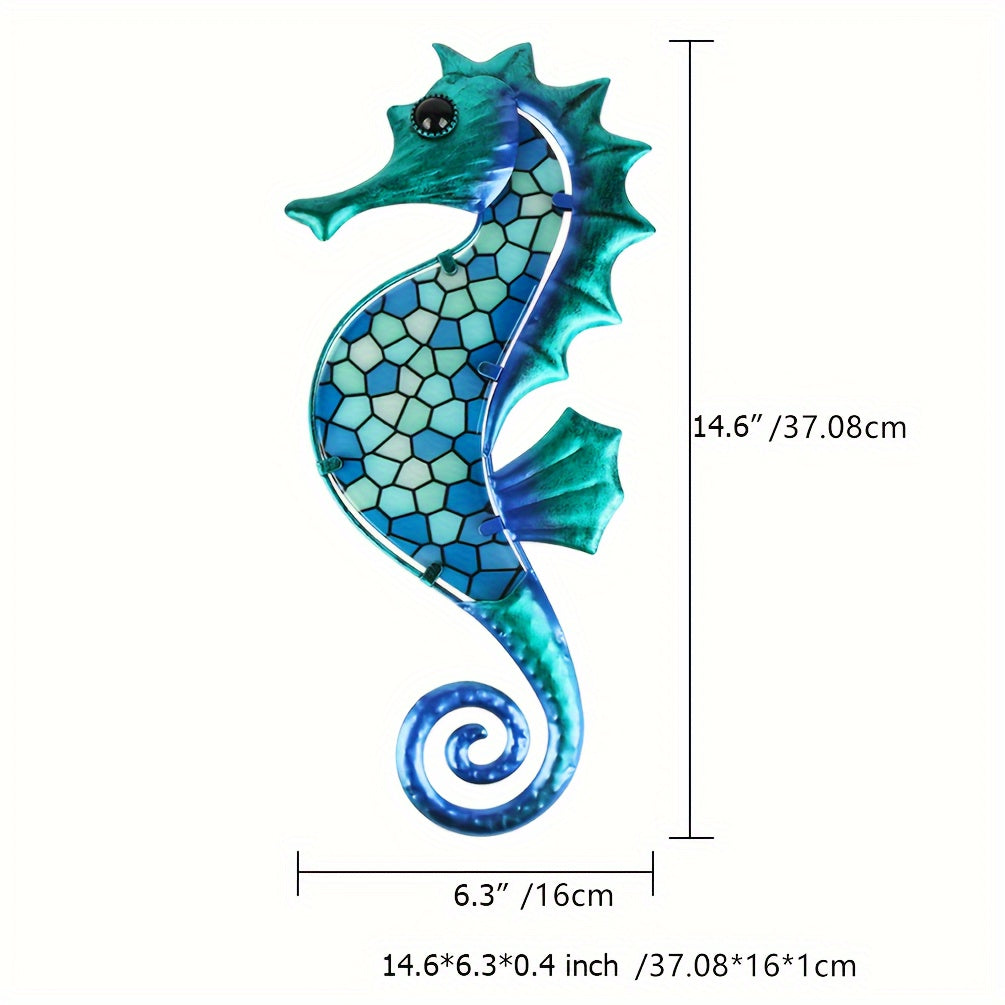 TEMU Hongland Metal Seahorse Wall Art Blue Mosaic Glass Wall Decor Sculpture Hanging Ocean Decorations For Home, Garden, Fence, Livingroom, Indoor,