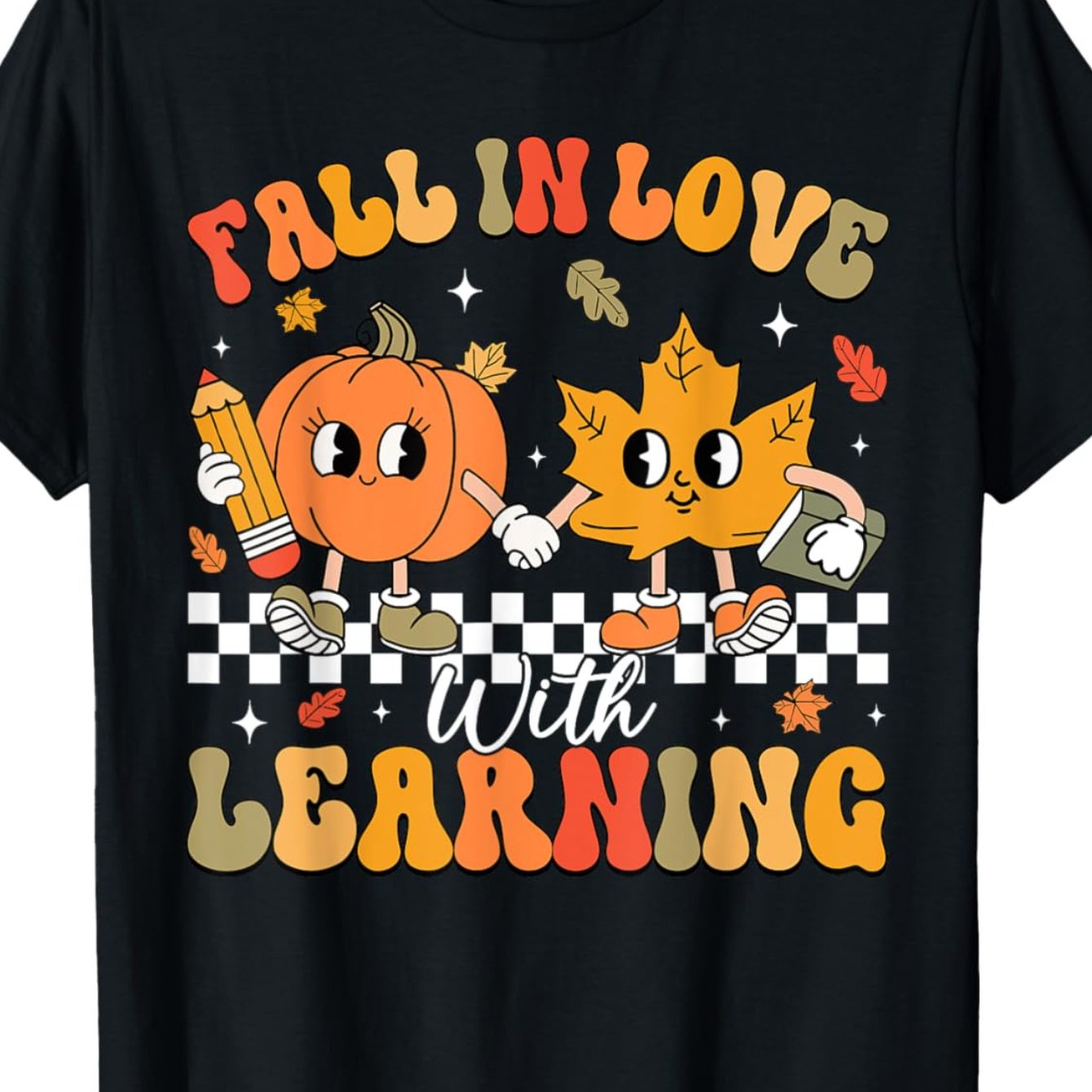 TEMU Women's Vintage Fall " With Learning" Graphic T-shirt - Pumpkin & Book Design Teacher Shirt, Short Sleeve Round Neck Casual , Autumn Book Lover