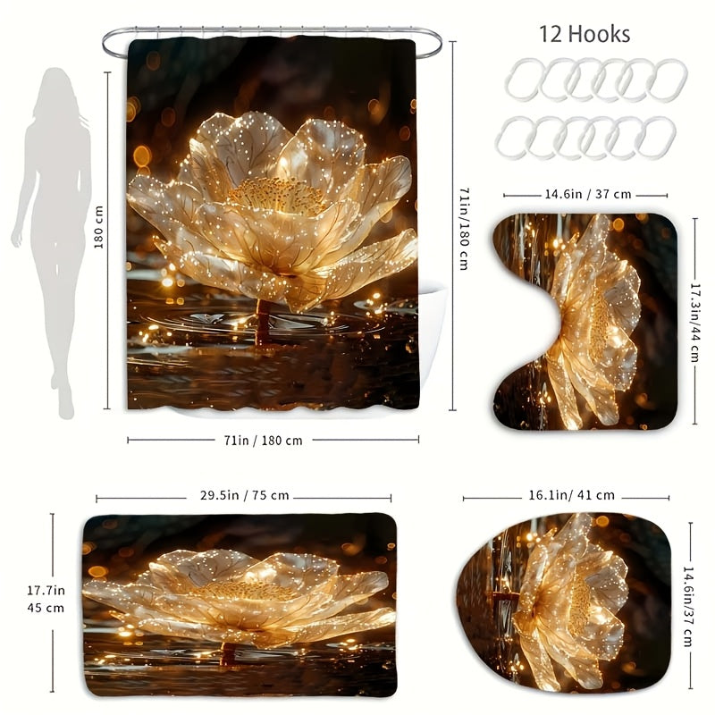 TEMU 1-4pcs Pattern Bathroom Set, Barrier Multi Functional Shower Curtain With 12 Hooks, Non Slip Bathroom Floor Mat, Toilet U-shaped Mat, Toilet Lid