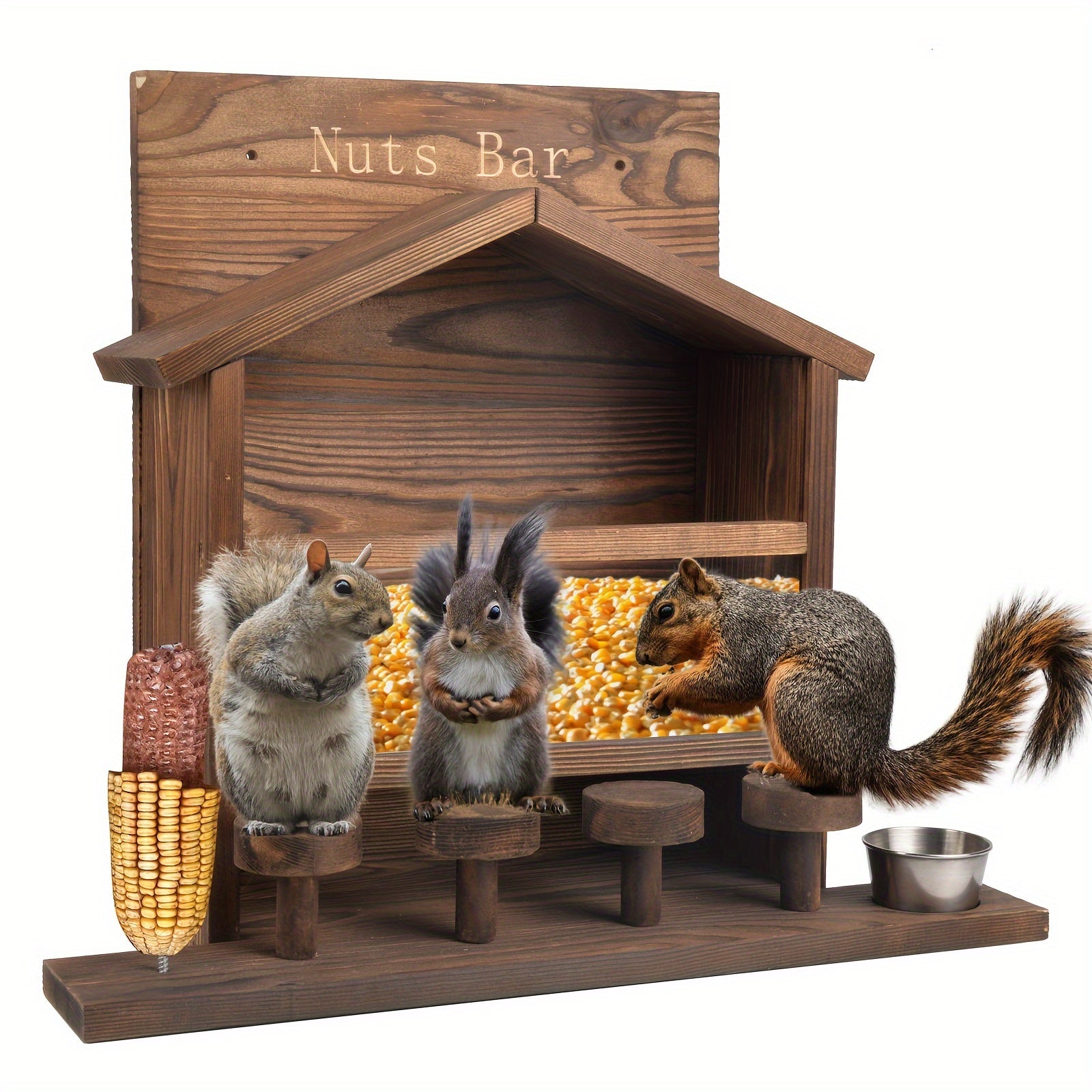 TEMU Chezmax Squirrel Feeder Picnic Table, Sturdy Wooden Squirrel House Nut Bar With Stools, Corn Holder And Water Bottle, Large Funny Chipmunk