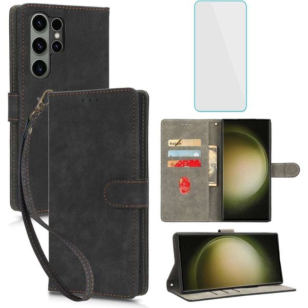 Wallet with Screen Protector RFID Blocking Leather Flip Card Holder Women Men Cell Phone Case for Samsung S 23 Ultra 23S Galaxy S23ultra 5G