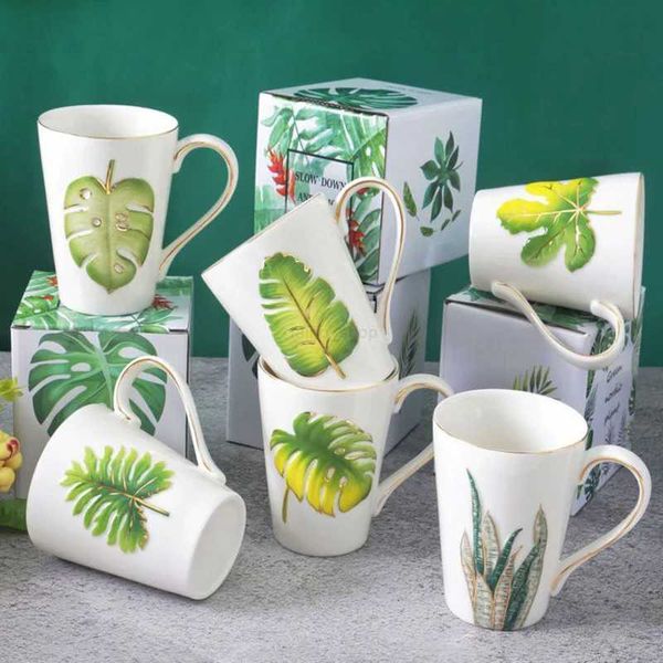 350ml Creative Plants Leaf Ceramic Mug Cute Coffee Tea Milk Stave Mugs Nordic Ins Style Breakfast Cups with Handle Novelty GiftsB240720