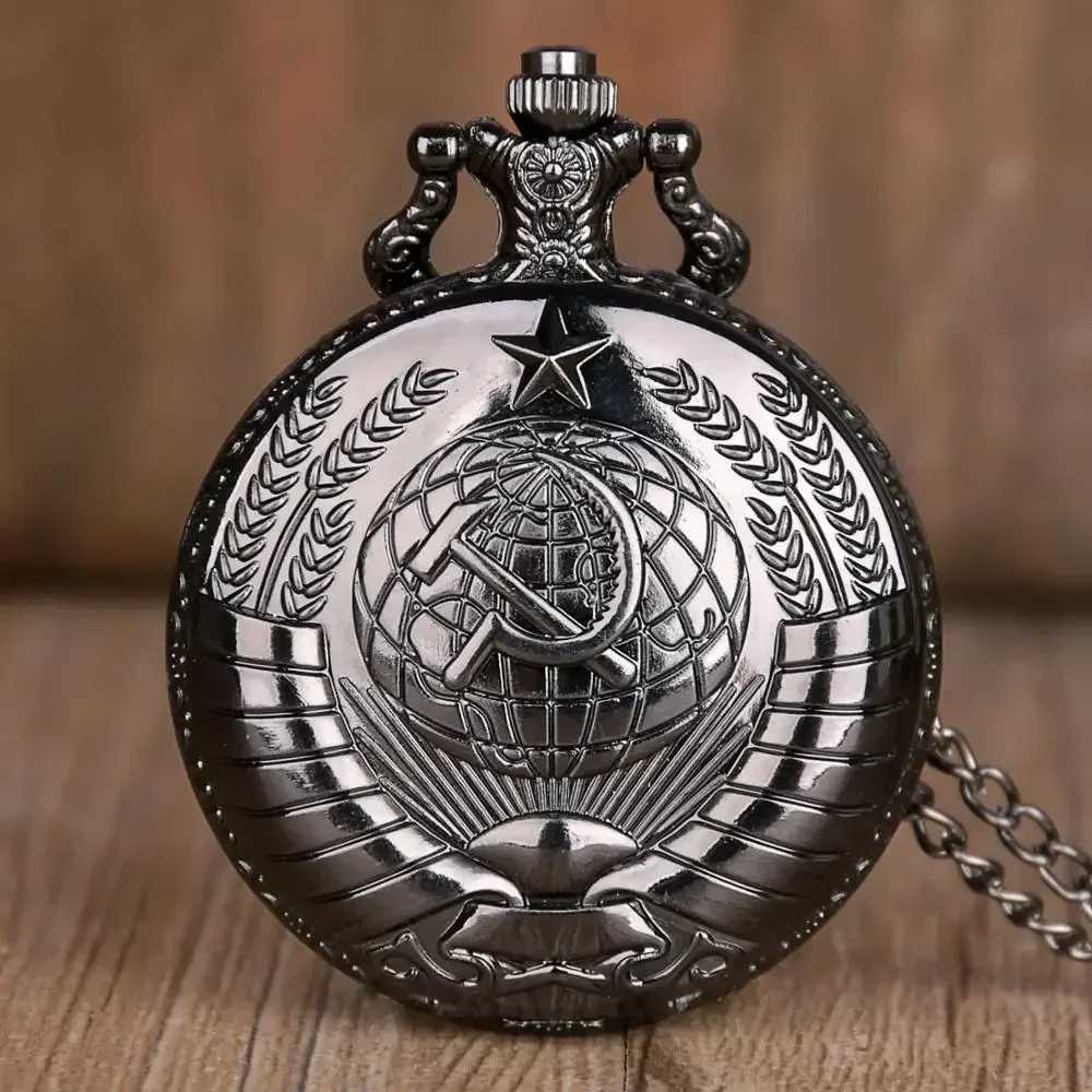 Vintage USSR Soviet Badges Sickle Hammer Pocket Watch Necklace Bronze Pendant Chain Clock Fashion Emblem Women Men GiftX241104