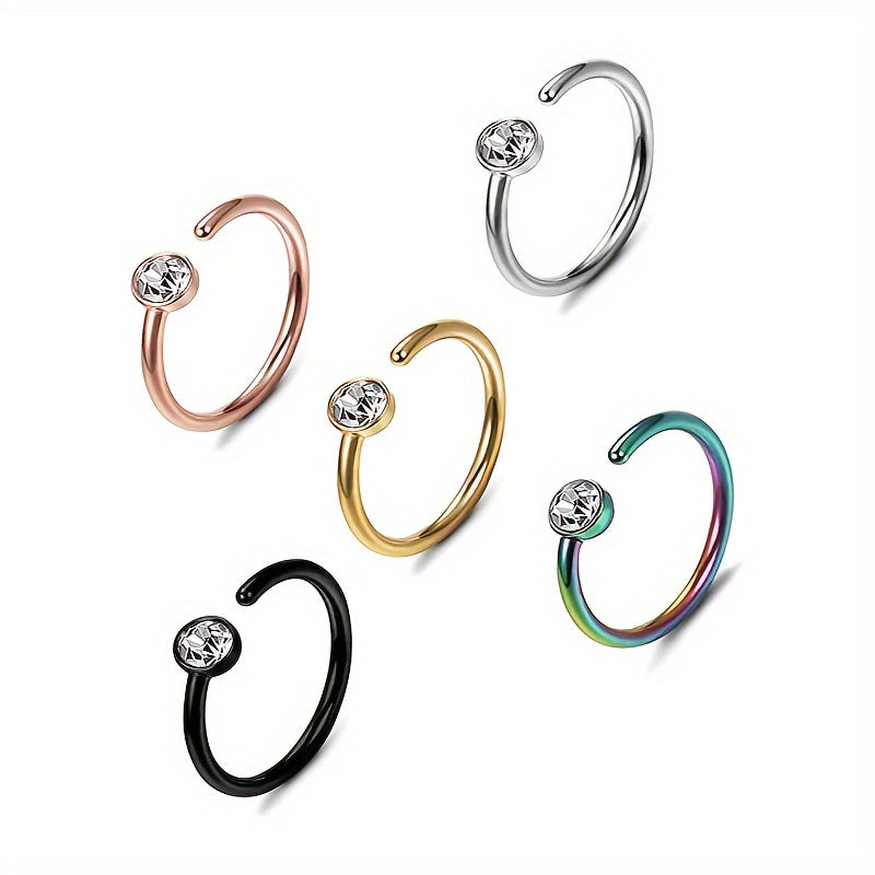 TEMU 5pcs Set Sparkling Stainless Steel Hoop Nose Rings - Hypoallergenic Body Piercing Jewelry For Women, Casual Attire & Gifting