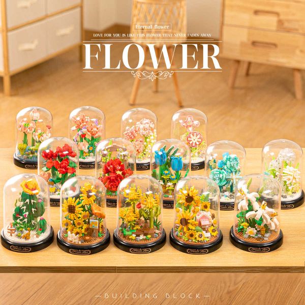Bloc 2024 Suower hibiscus eternal wer building bloc small particles puzzle assembly toy potted table decoration with light string H240907