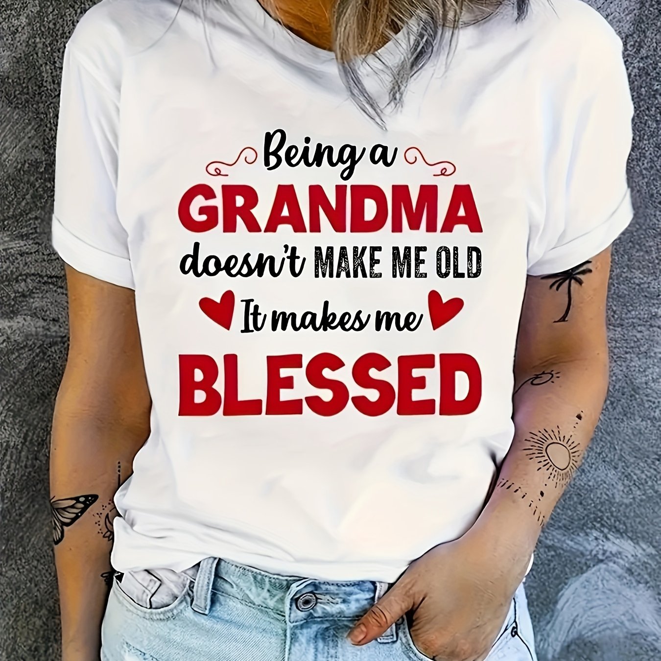 TEMU Women's T-shirt | 'being A Grandma Blessed' Print | Casual Round Neck, Short Sleeve | Breathable & Machine Washable | Ideal For Spring-summer |