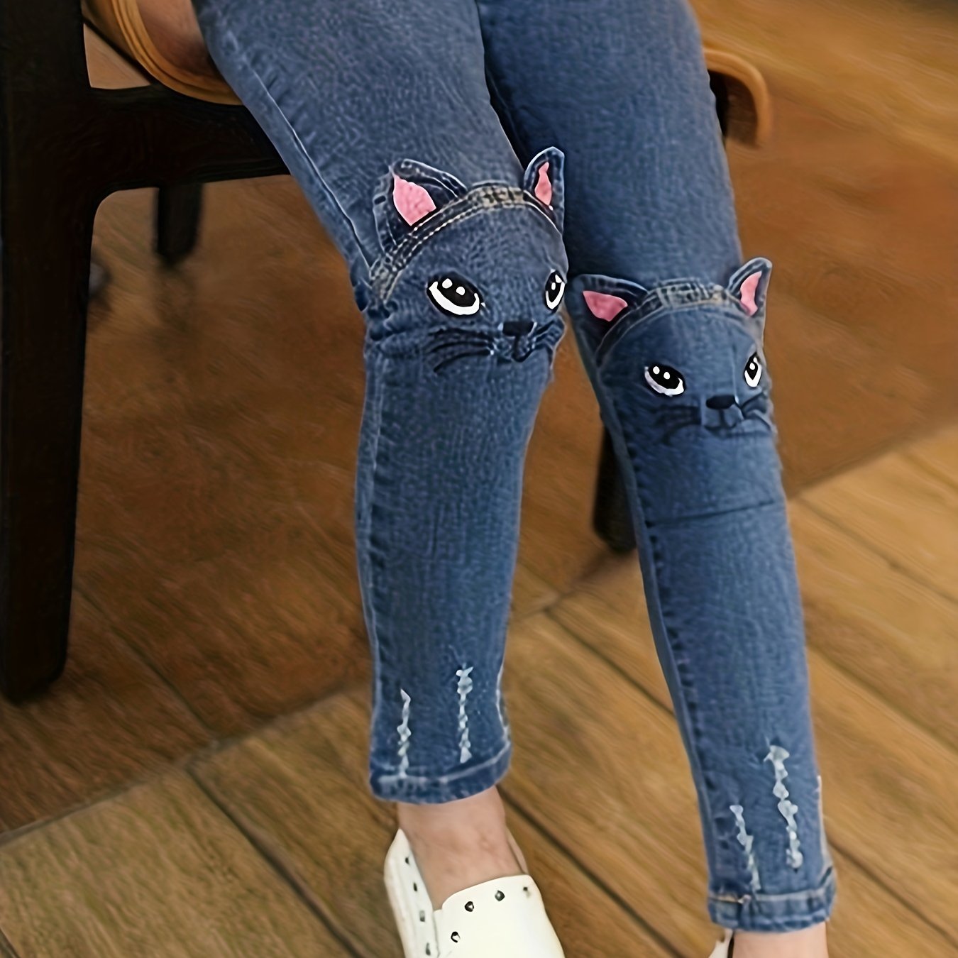 TEMU ' Cat Ear Skinny Jeans - 70% Blend Elastic Waistband Casual Pants For, Spring-fall Playtime & Casual Attire, Everyday Pants | Trendy Fashion |