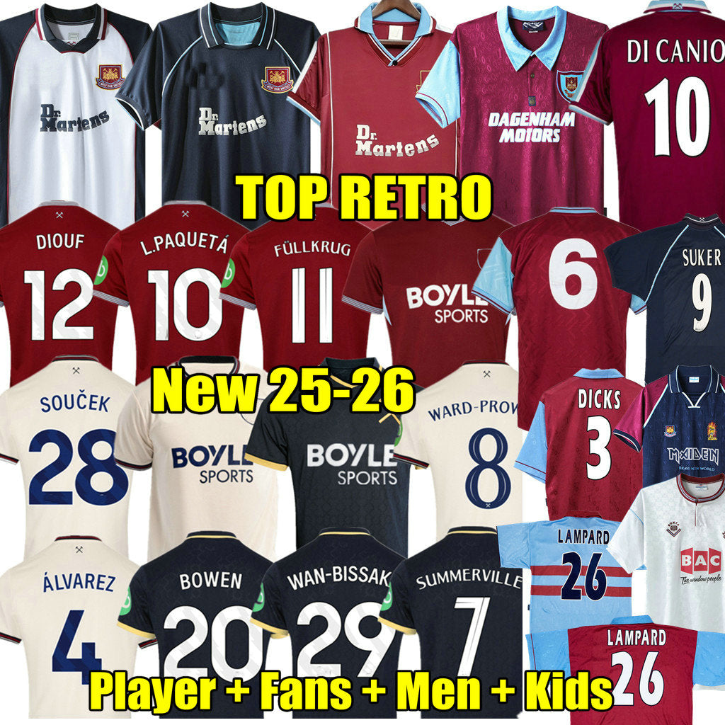 BOWEN 25 26 L.PAQUETA DI CANIO 91 92 95 97 West Retro soccer jerseys Cole Lampard Dicks 1999 2000 Classic United 99 00 Vintage Football Shirts 99 01