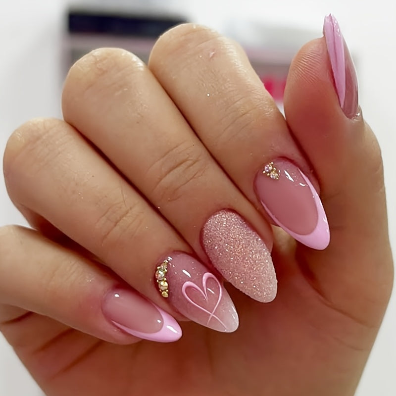 TEMU 24pcs Long Almond Shaped Press-on Nails Set, Glossy Finish With Pink Tones, 3d & , Glitter Accents, Daily Wear & Valentine's Day Fashion For