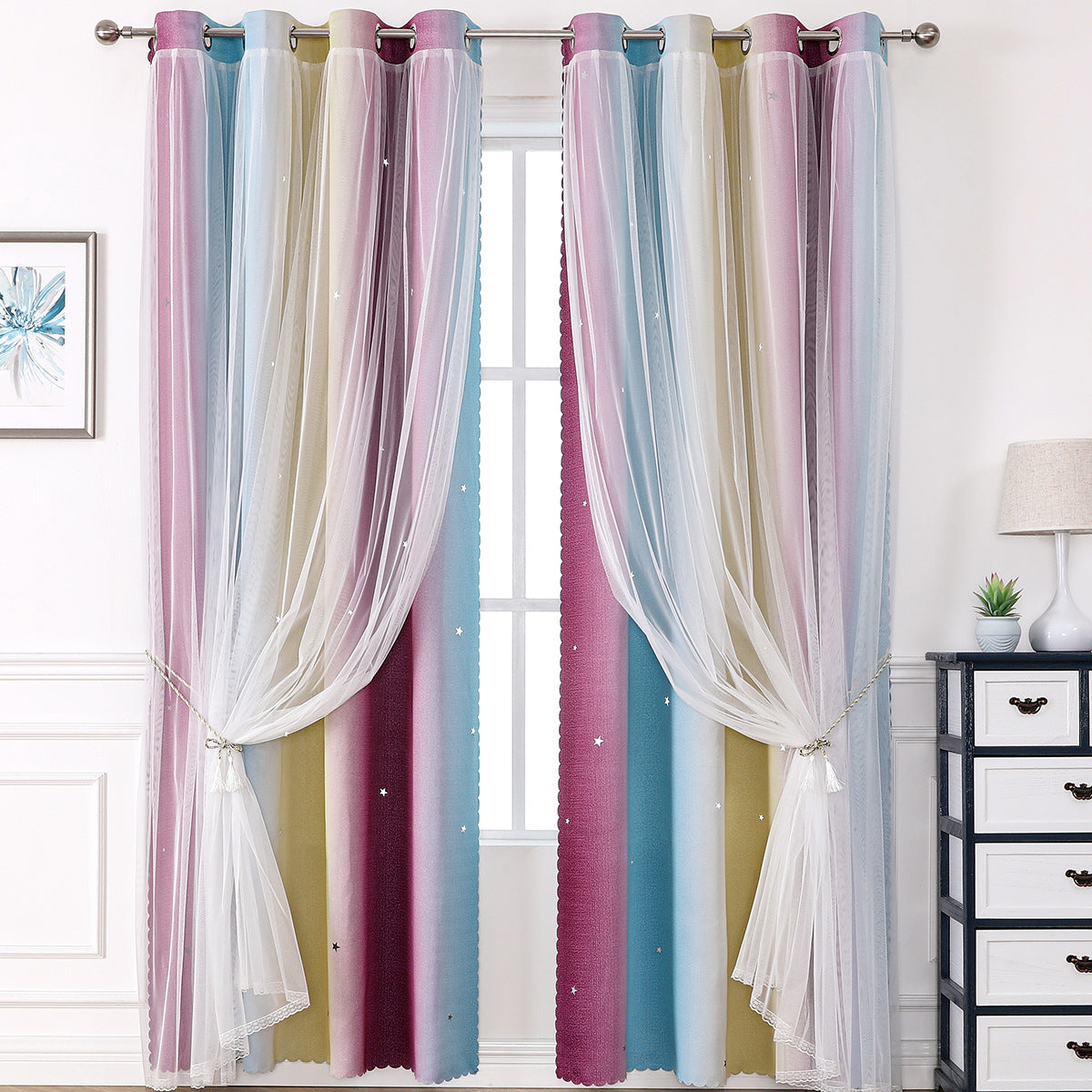 YL-36540 Morandi double curtain rainbow gradient stripe finished cloth yarn integrated blackout curtain