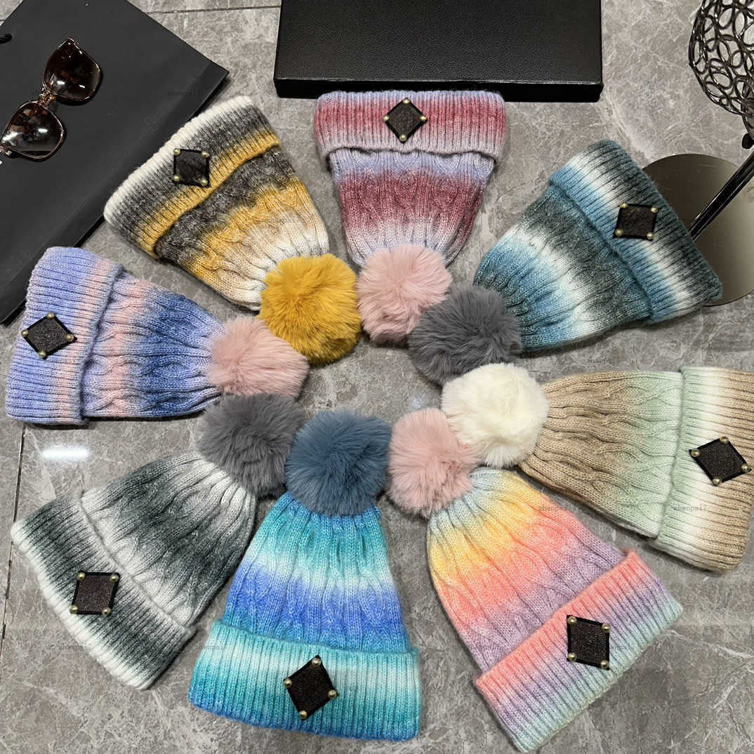 Top baby Knitted caps Gradient stripe design Winter Hat Leather label kids fashion accesories children Crochet Hats Hair ball Weaving cap A367X10N27