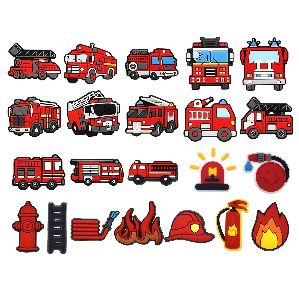 TEMU 22pcs Of Plastic Shoe Charms Featuring A Car Series, Including Designs Like A Red Car, Fire Extinguisher, Flame, Ringtone, Ladder, Hat, And