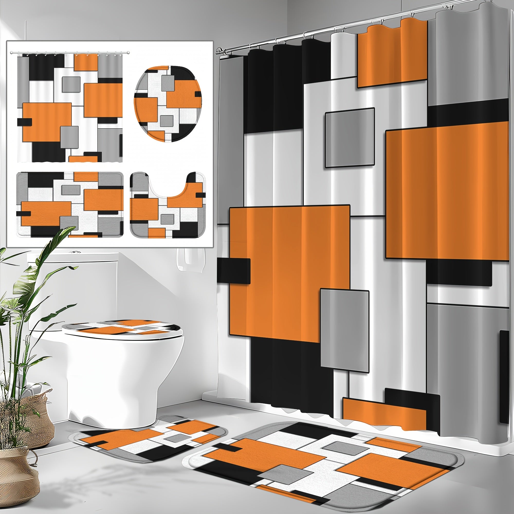 TEMU 4pcs Modern Geometric Shower Curtain Set, Geometric Pattern With 12 Hooks, Lattice Shower Curtain, Anti-slip Floor Mat, Toilet Seat Cover,