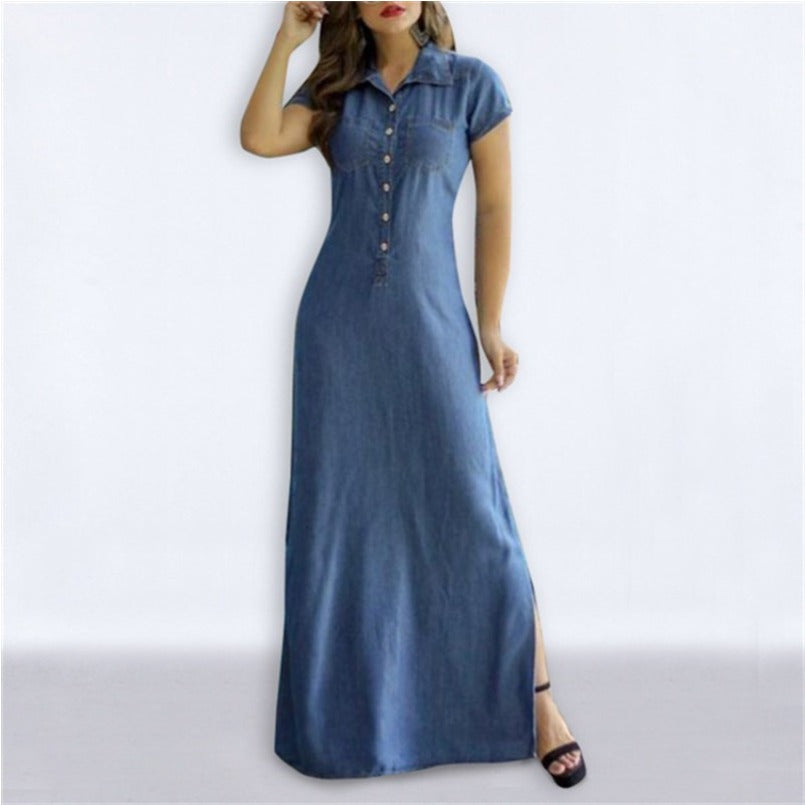 (1312) Shirt Collar Slit Pocket Large Swing Skirt Large Size Casual Denim Dress