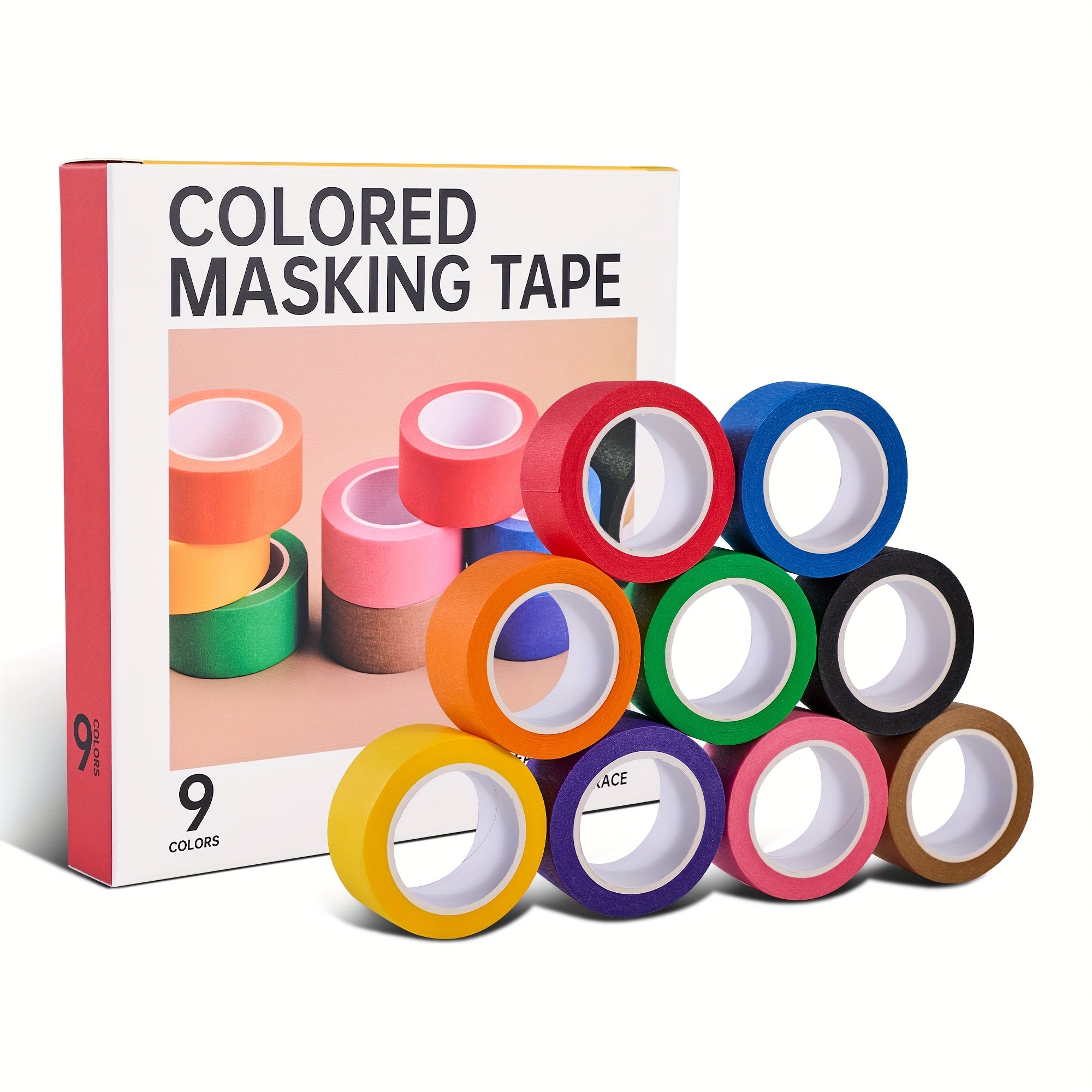 TEMU 9-pack Colored Masking Tape - Painters Tape, Crafts Tape, Rainbow Creative Paper Tape, School Supplies, Suitable For Art & Crafts, Label Coding,