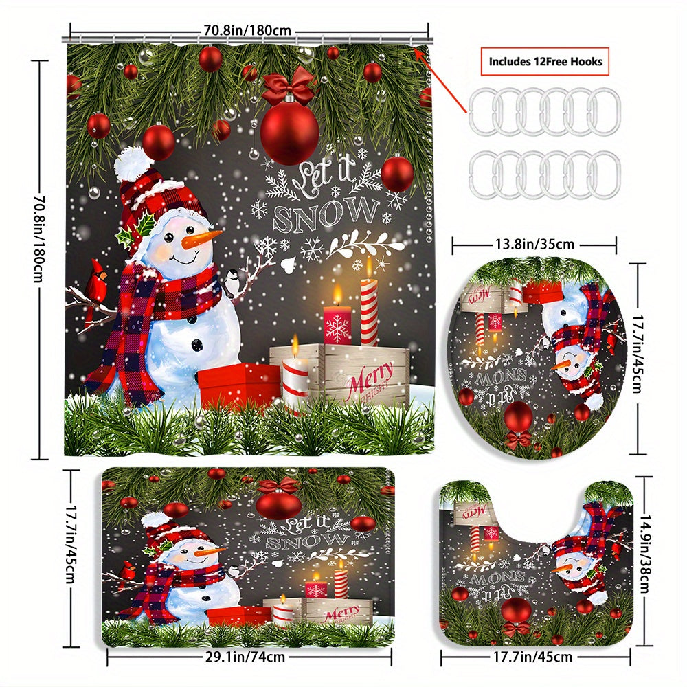 TEMU 4pcs Christmas Snowman Curtain Shower Curtain Decoration, Housewarming Decoration, Shower Curtain And Mat - Set Comes 12 Shower Curtain