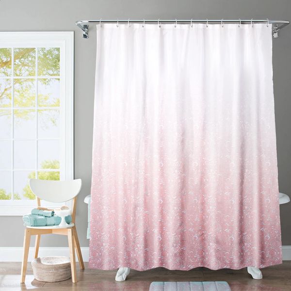 Shower curtain polyester machine washable with 12 hooks Gradient pink 250116