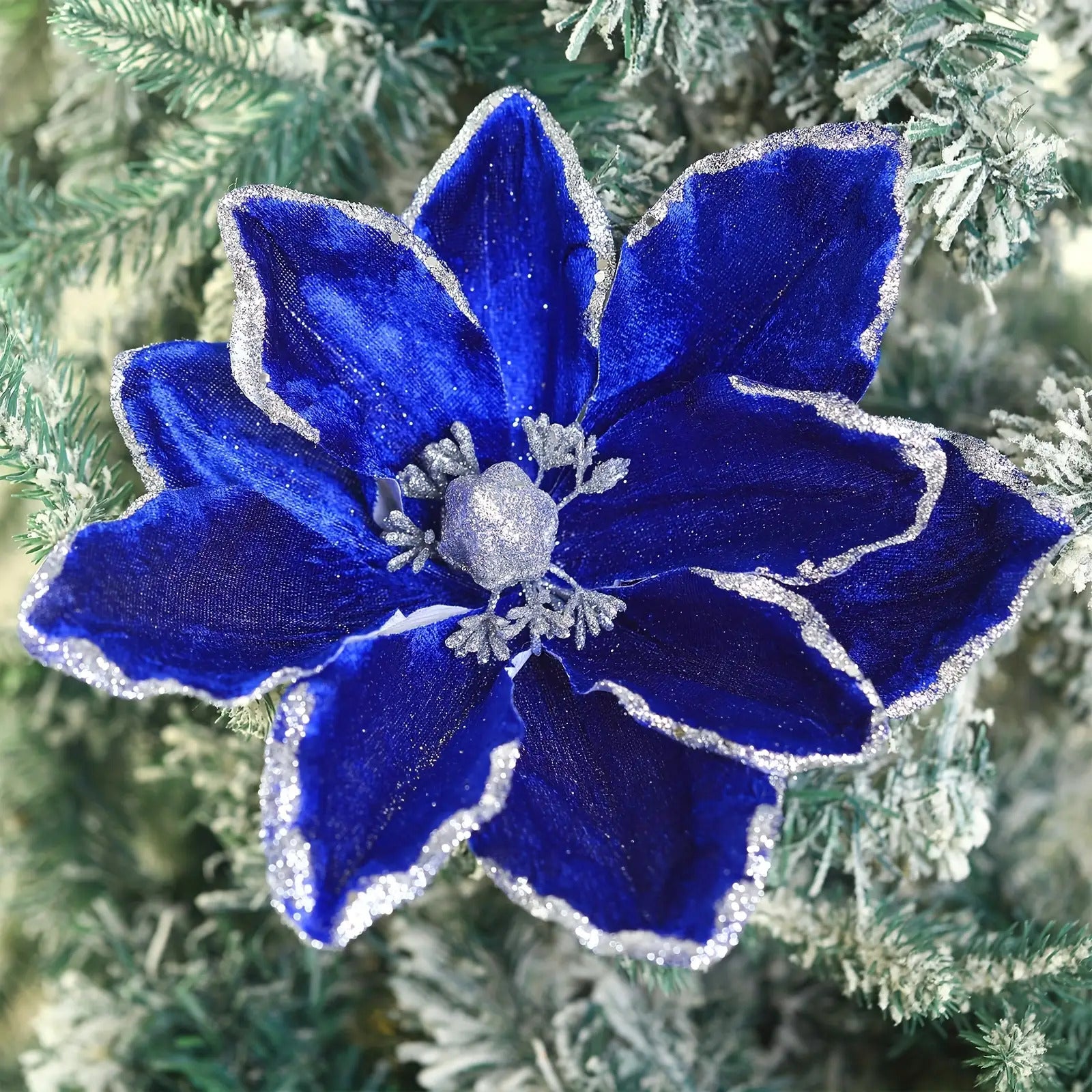 TEMU 8 Large Christmas Magnolia Fake Poinsettia Branches Velvet Christmas Tree Decorations Christmas Tabletop Ornaments(blue, 12inch)