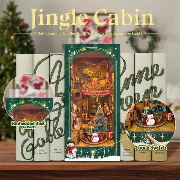 Architecture-DIY House DIY Christmas Jingle Cabin Casa Book Nook Wooden Miniature Model Kit Bookend 3D Puzzle Bookshelf Light Home Decor Fri