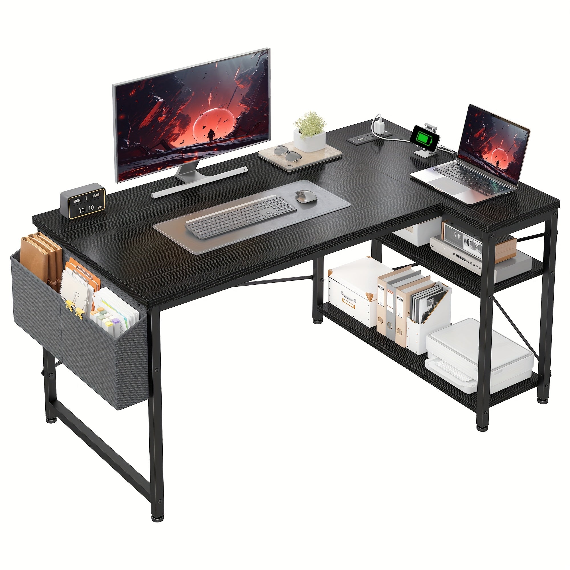 TEMU L Shaped Computer Desk With Power Outlets, Computer Desk With Storage Shelves, Home Desk For Work, Writing Study Desk With Gaming Desk For