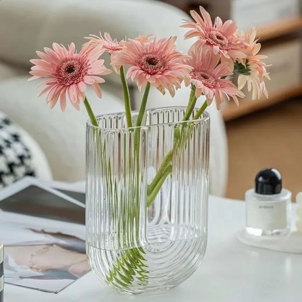 Transparent ribbed glass flower vase 7 H modern small oval Ushaped groove decorative suitable for family living room 240903