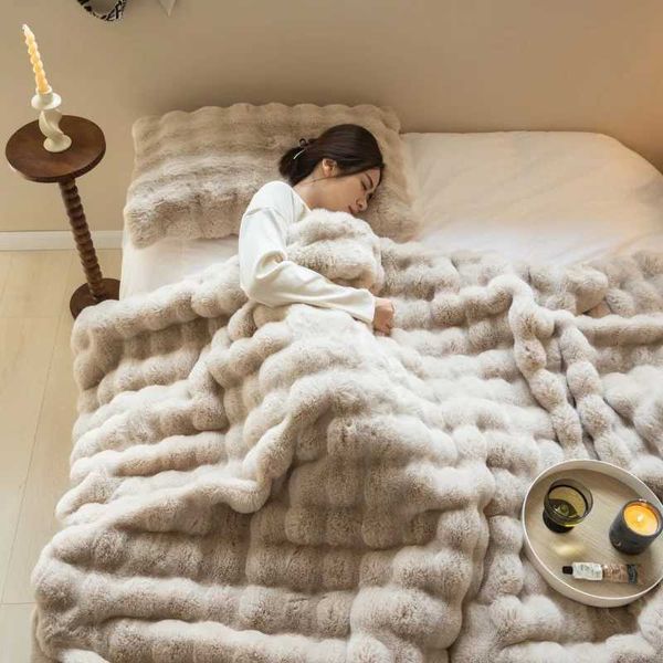 Soft and Cozy Toscana Rabbit Fur Blanket With Double-sided Bubble Fleece - Perfect for Office Nap and Sofa Cover Warm Winter Bed Y240829