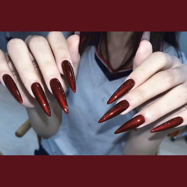 24pcs Super Long Stiletto Fake Y2K Nails Press On Vintage Wine Red False Nails With Designs Full Cover Fashion Almond Nail TipsXJ241025