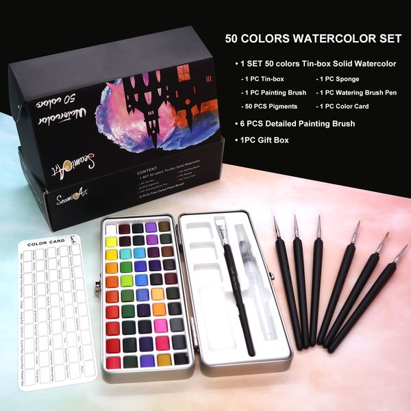 Markers SeamiArt 50Color Solid Paint Set Portable Metal Box Painting Pigment for Beginner Drawing Colors Palette Art Supplies 230826
