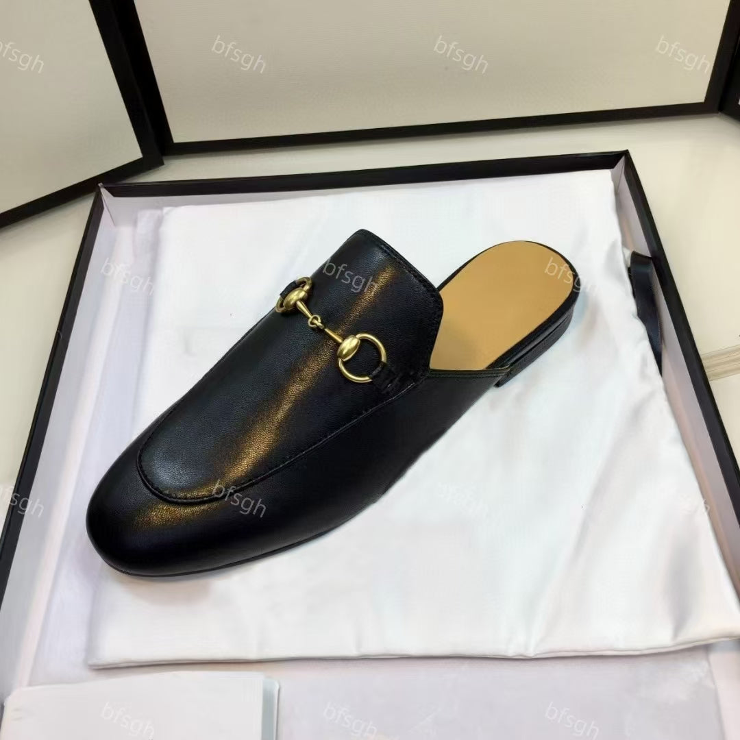 slides designer slippers women sandals mules metal buckle Baotou slippers classic flats designer shoes genuine leather soles top quality EU35-42