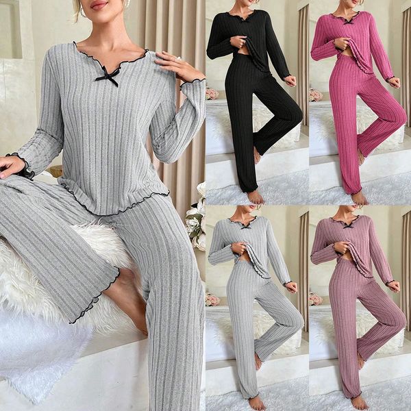 Womens Sleepwear 2-piece Womens Pit Strip Knitted Long Sleeve V-neck Mens Top Winter Casual Warm Sleepwear Home Clothes 241130