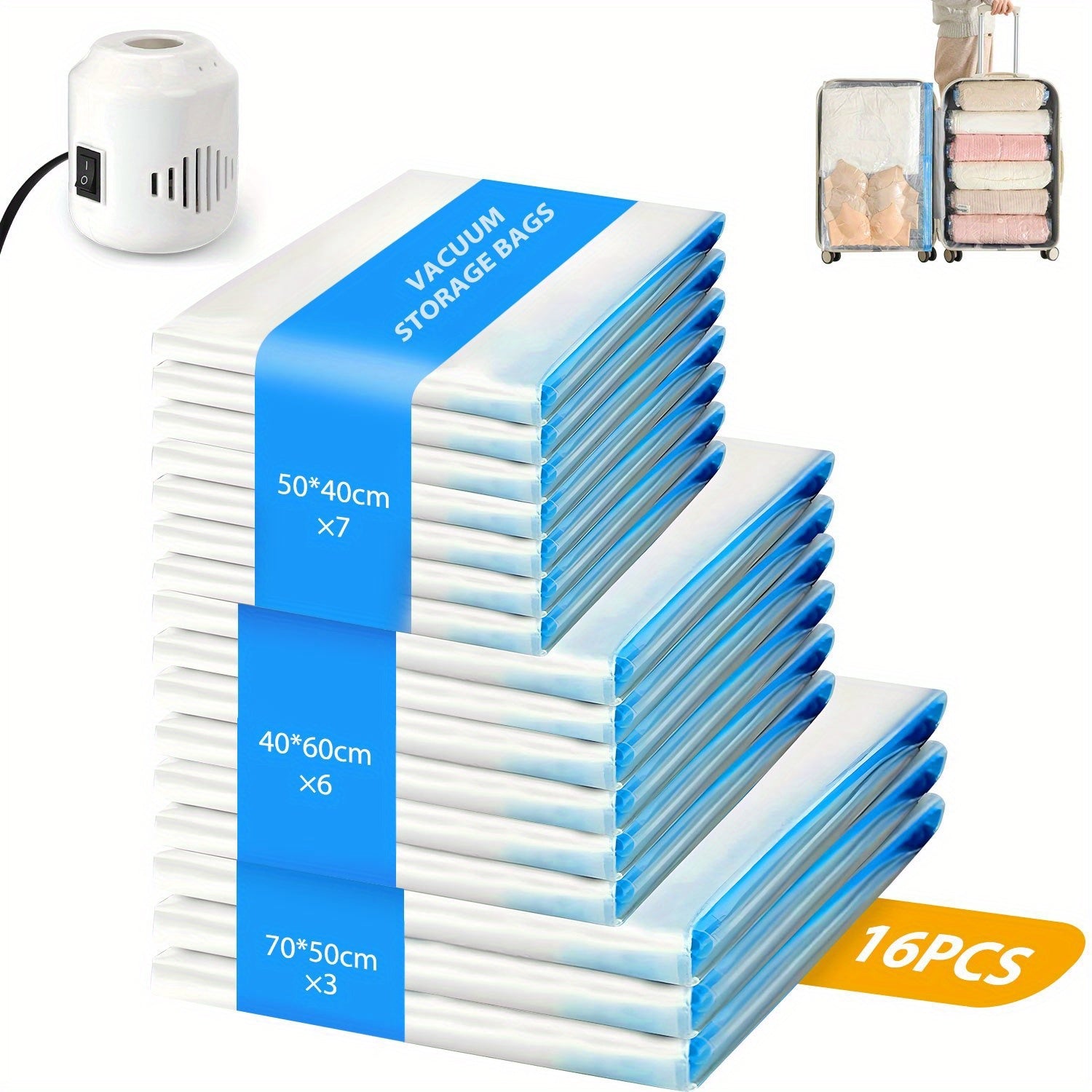 TEMU 10- 16pcs Vacuum Storage Bags With Electric Pump, Reusable Airtight High , Sturdy Zipper Closure, Sizes , Space Saving & Airtight Compression