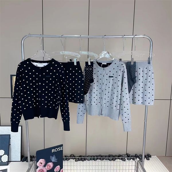 Knitted Cardigan Hip Skirt Casual Two Piece Set Dot Print Long Sleeve Knits Jacket High Waist Slim Skirts Streetwear