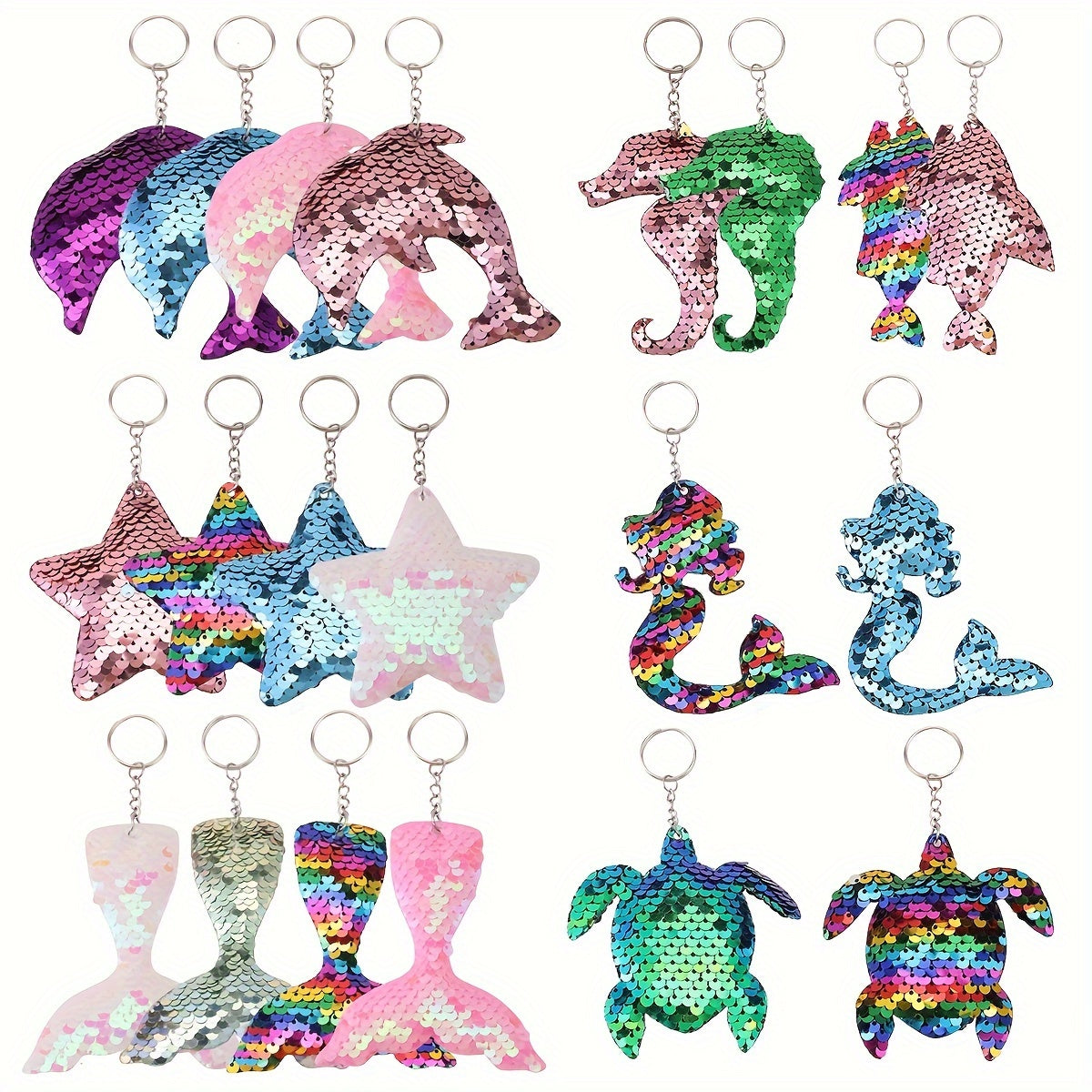 TEMU 20pcs Series Sequin Keychains, Double-sided Glitter Dolphin Turtles Mermaids Shape Keyrings For Backpacks, Ideal For Birthday Party Favors,