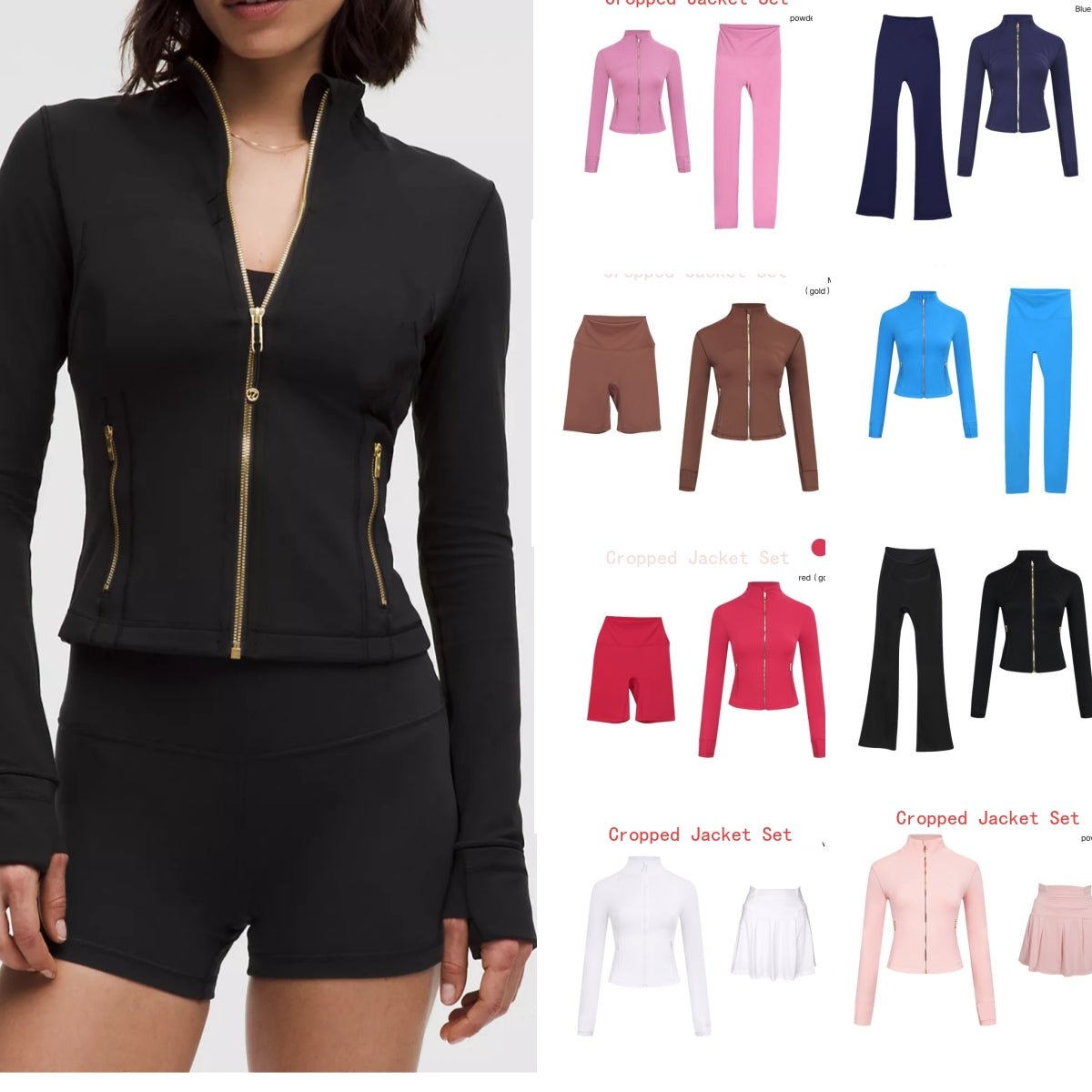 Cropped Jacket Yoga Set Jackets Flare Leggings Workout Set Women Gold zipper Jackets Shorts Skirts Zip Up Coat Elastic Quick Drying and Breathable G