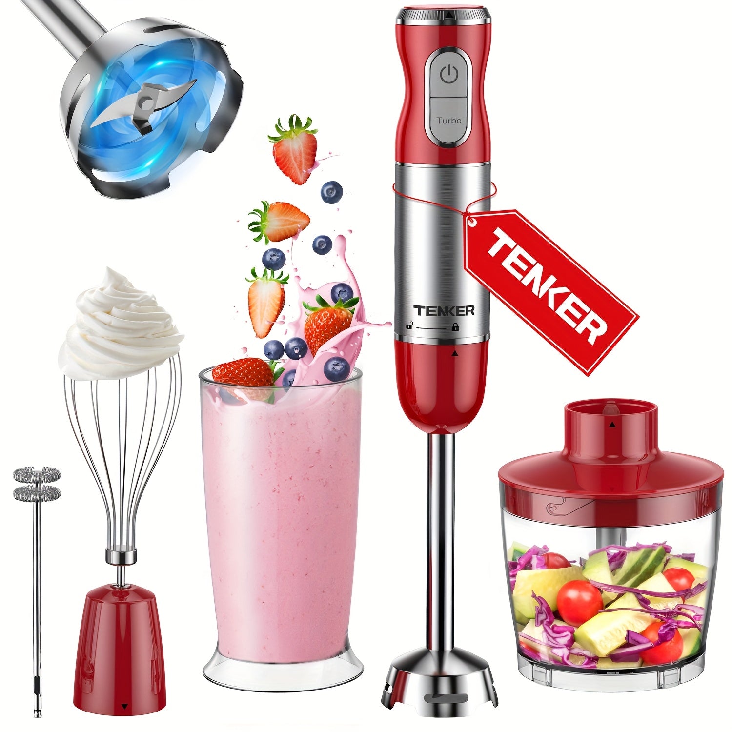 TEMU Tenker 5 In 1 Blender Handheld, - 450w Heavy Duty Motor, Meat Chopper, 30 Speed Mode Handheld Blender With Stainless Steel Shaft - Includes 8