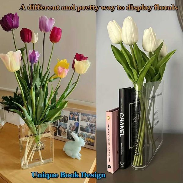 Unique Transparent Flower Vase Book Vase Set for Bedro Off Decoration - Aesthetic Ro Dcor de with base RattanT250117