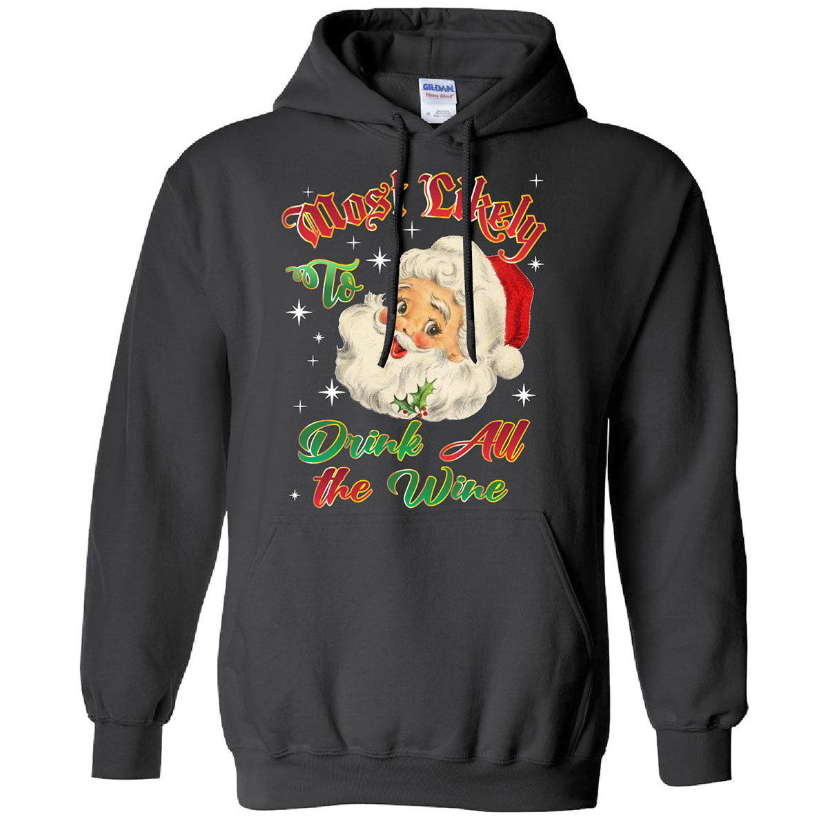 Men's Christmas-Themed Pullover Hoodie with Dual Kangaroo Pocket - Drink All The Wine - Black - M