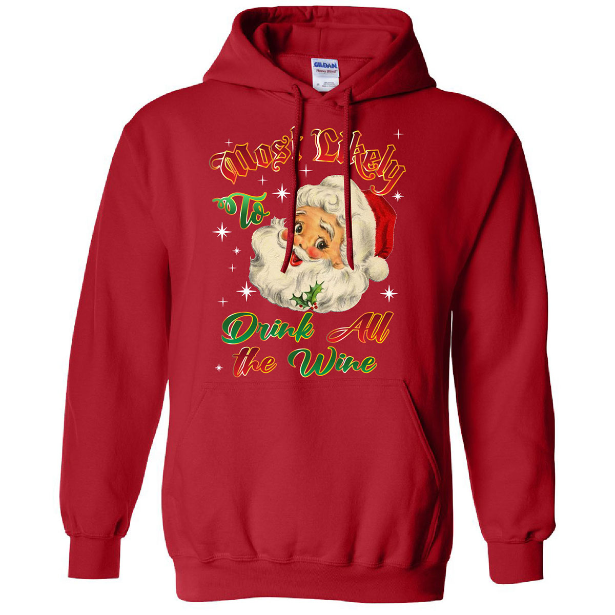 Men's Christmas-Themed Pullover Hoodie with Dual Kangaroo Pocket - Drink All The Wine - Red - XL