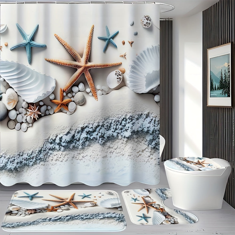 TEMU 1-4pcs Beach Starfish Shells, Shower Curtain Set, With 12 Hook Shower Curtain, Non Slip Floor Mat, Toilet U-shaped Pad, Toilet Lid Pad, Bathroom