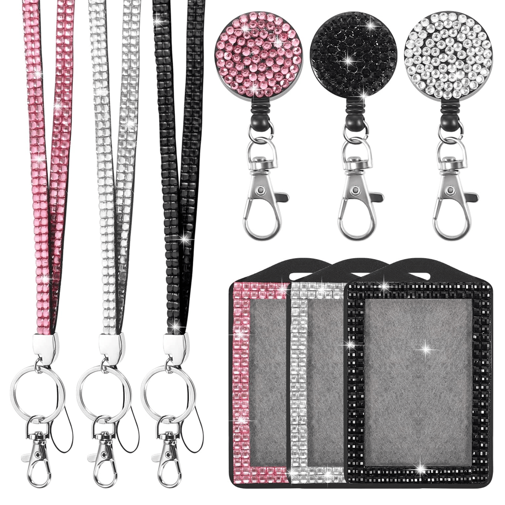 TEMU 3pcs Bling Id Badge Holder Lanyard, Other Plastic Material, With Retractable Sparkling Card Holder, Metal Clasp Key Ring For Women