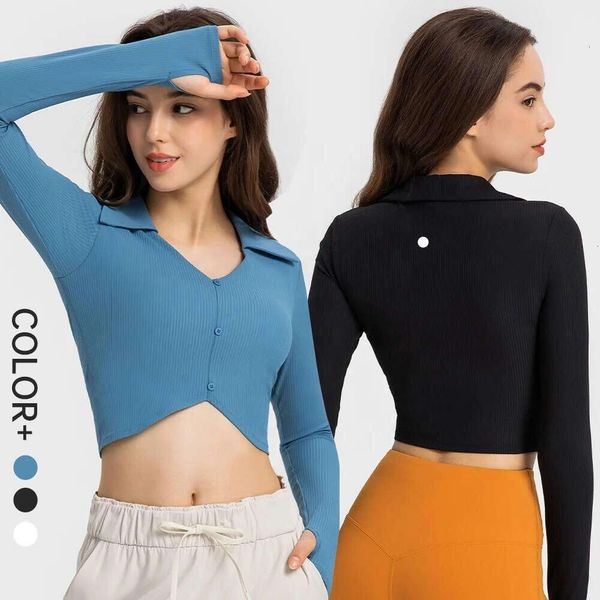 Ribbed Cropped Long Sleeve Top Women V-neck Button Front Super-soft Fine-knit Sweater Rib Built in Bra Polo T shirts