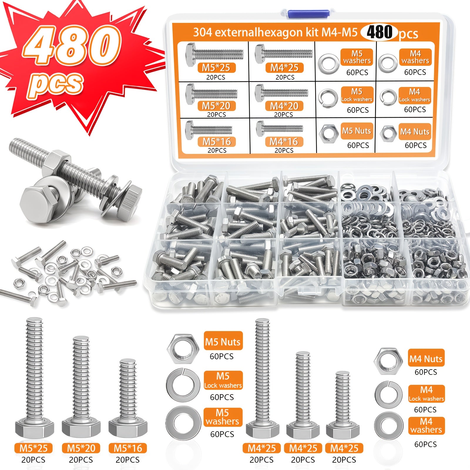 TEMU 480pcs Stainless Steel Bolt And Nut Combination Set, Hex - With Washers And Lock Washers, M4-m5 Sizes, Versatile And Durable Fastener Kit For