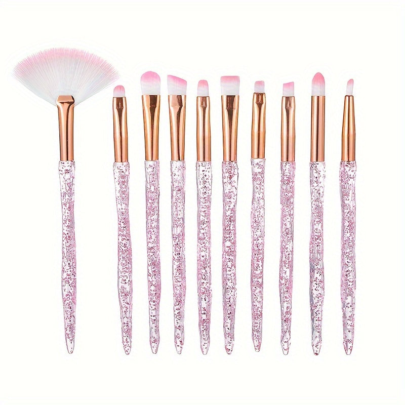 TEMU 10pcs Crystal Handle Makeup Brush Set, Eyeshadow Brush, Transparent Glitter Blush Brush, Facial Smudge Brush, Makeup Fan Brush, Eyebrow Brush,