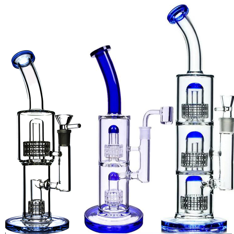 Blue Thick Glass Bong Matrix Perc Big Glass Water Pipes Smoking Bubbler Recycler Water Bongs Dab Rigs With 14mm Joint