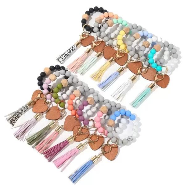 Valentines 14 Colors Day Love Wood Chip Silicone Bead Bracelet Keychain Party Favor Wristlet Key Chain Tassels Handchain Keys Ring Fy3524 Ss