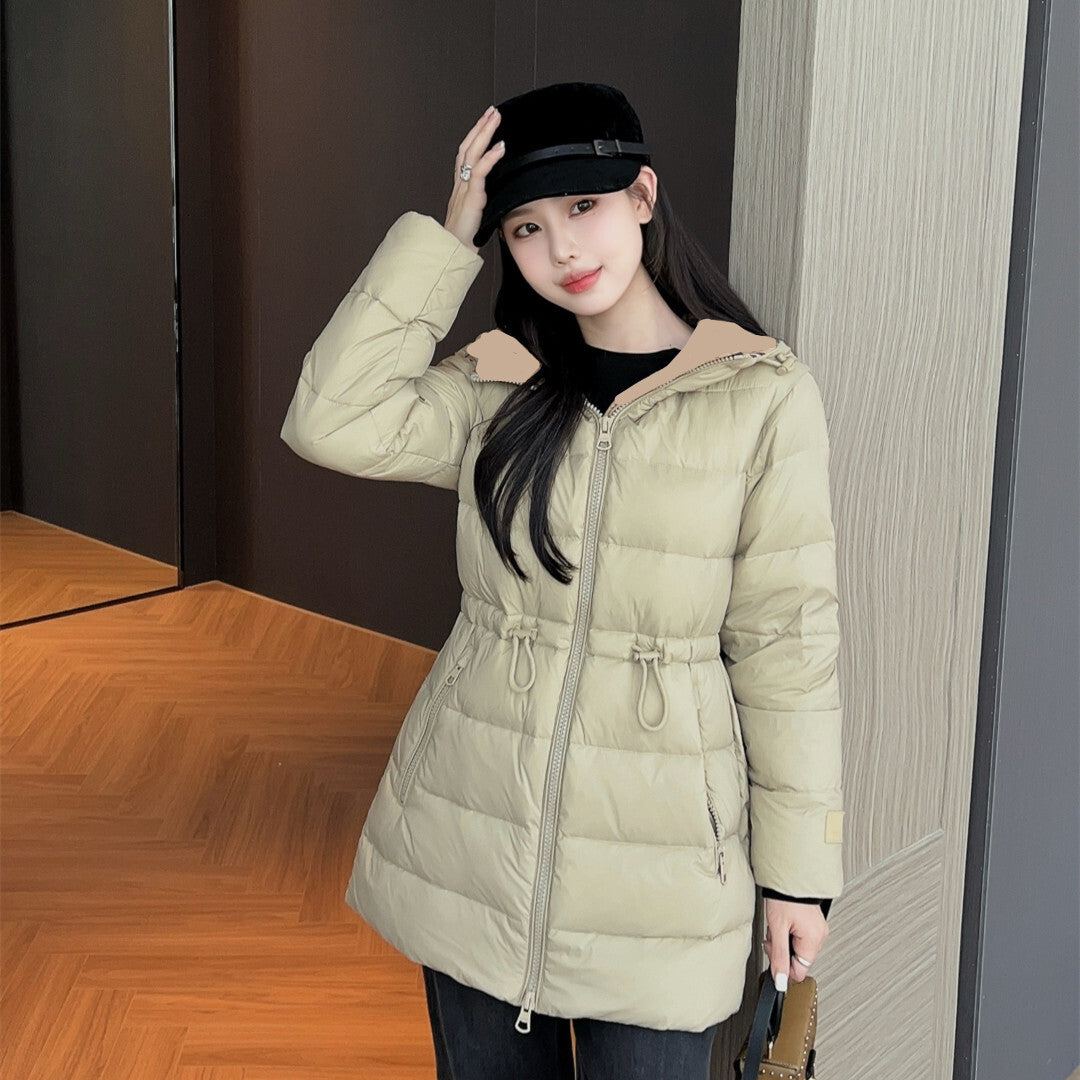 Womens Mid Long Down Jacket Slim Fit Lightweight Fashion Coat Elegant Warm Outerwear Luxury White Goose Down Puffer Premium Quality