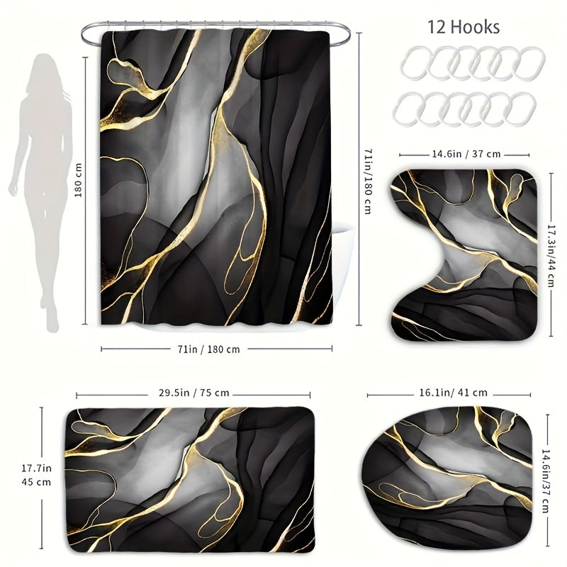 TEMU 1-4pcs Black Patterned Bathroom Set, Barrier Multifunctional Shower Curtain, With 12 Hooks, Non Slip Bathroom Floor Mat, Toilet U-shaped Mat,