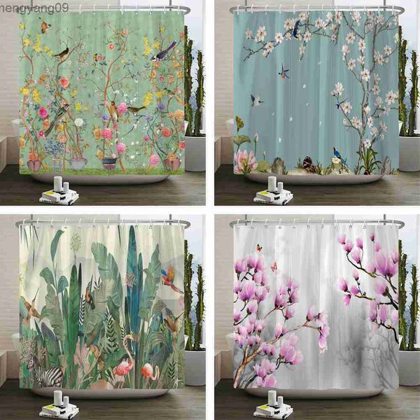 Shower Curtains Plant Flowers and Birds Shower Curtain Printed Modern Minimalist style Polyster Fabric Home Decor Bathroom Curtain with R230