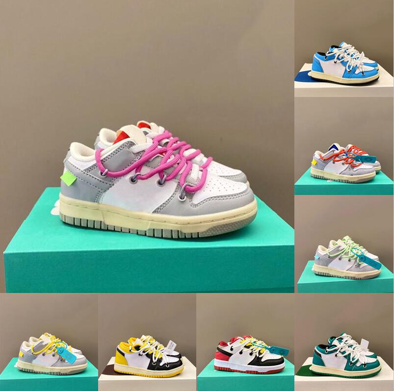 Kids Designer Skateboarding Shoes The 50 Collection sb low OW x dunked shoes white black grey Lot 13 pink green Youth Chicago dunkes lows 26-35